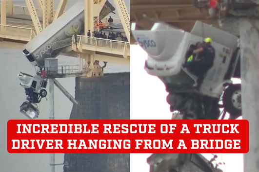 Incredible, heroic rescue of a truck driver hanging from a bridge in Louisville, Kentucky