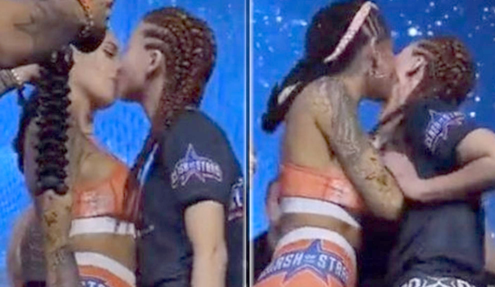 MMA Two female fighters kiss each other on the mouth before their MMA bout Marca picture