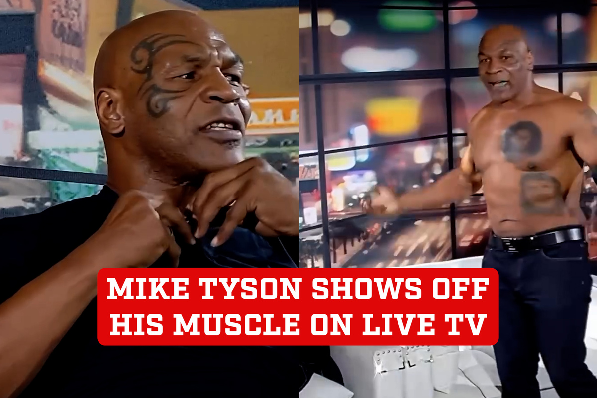 Mike Tyson shamelessly flexes his muscles topless during a live TV show