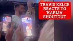 Travis Kelce reacts to Taylor Swift singing "Karma is the guy on the Chiefs" in Paris