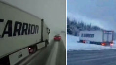 Un camión adelanta a otro en plena carretera nevada... ¡y acaba en la cuneta!