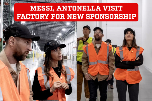 Lionel Messi and Antonela Rocuzzo dress up as factory employees to visit a new sponsor