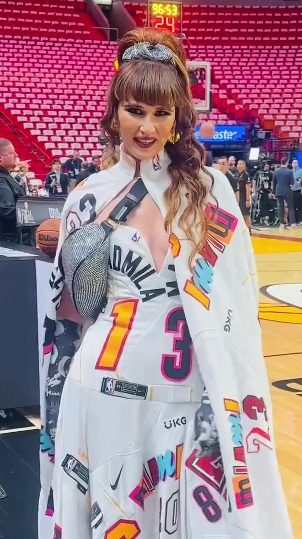 Radmila Lolly rocks her Heat superfan dress at Finals Game