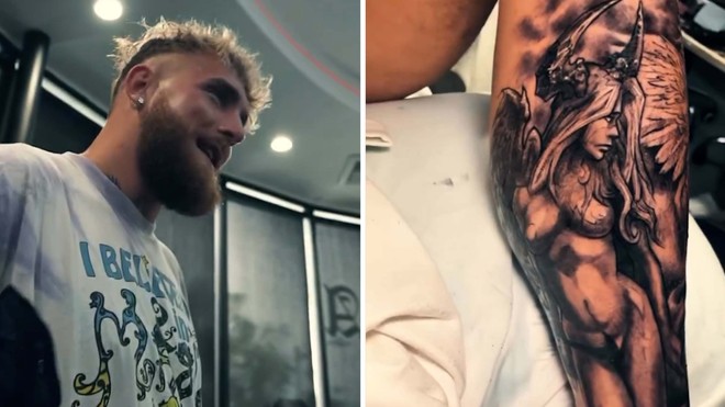 Jake Paul shows off brand new tattoo collection including full leg sleeve  with angel and massive tiger on his foot  The Sun