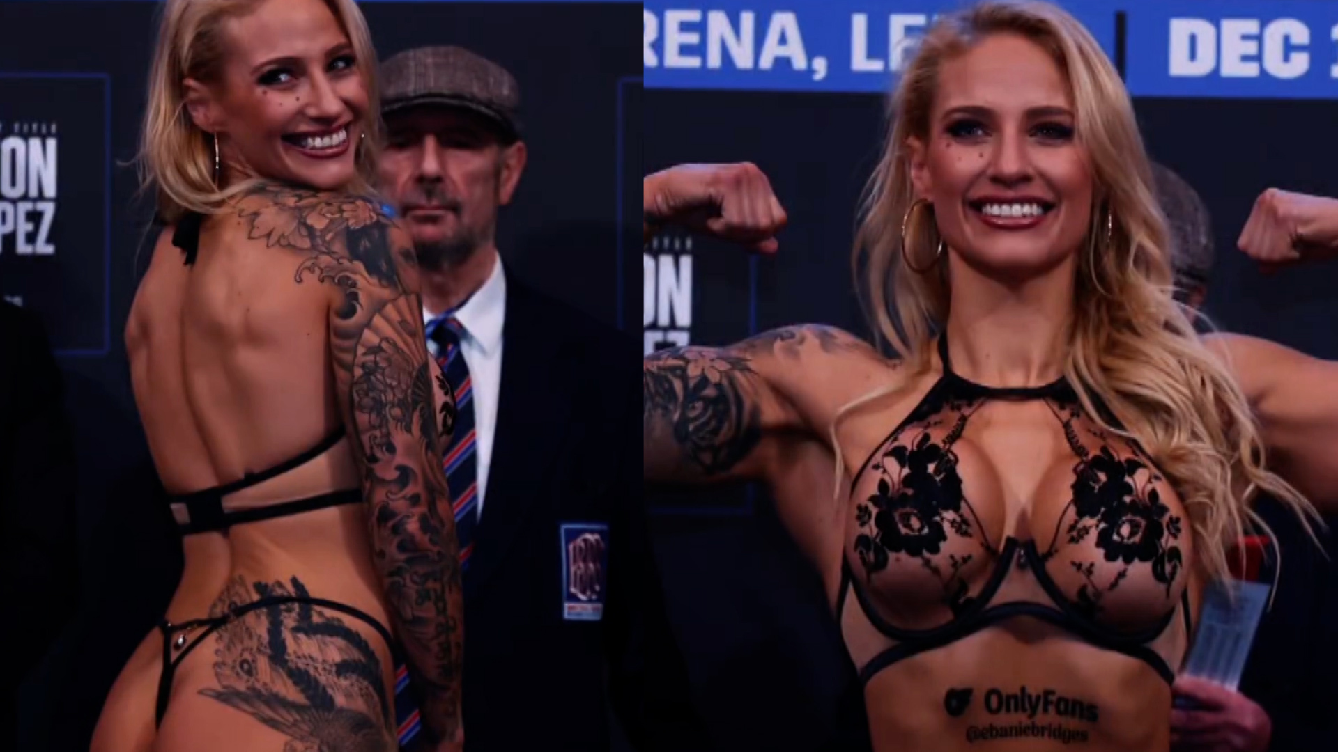 Boxing Ebanie Bridges takes lingerie weigh-ins to the next level by promoting her OnlyFans on the scales Marca hq nude image