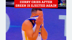 Stephen Curry cries after Draymond Green is ejected from Warriors-Magic game