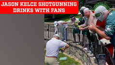 Jason Kelce goes crazy shotgunning drinks with fans in a golf tournament