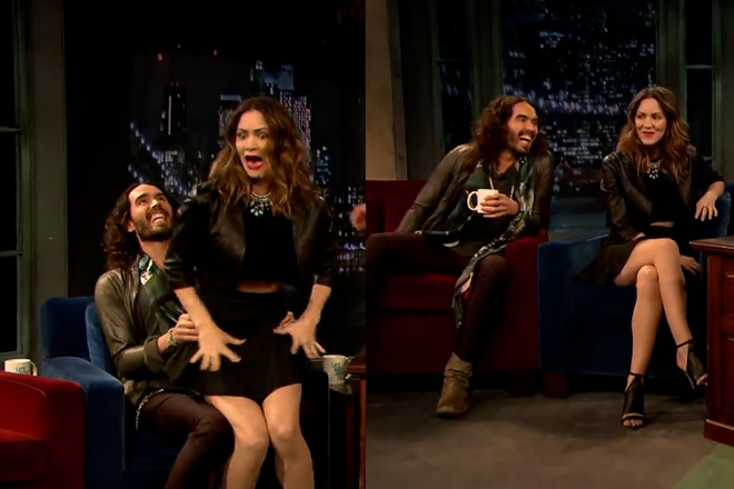 It was harmless': Katharine McPhee DENIES Russell Brand made her feel  uncomfortable by bouncing her on his knee on Tonight Show in 2013 - as host  Jimmy Fallon jokingly tells the embattled