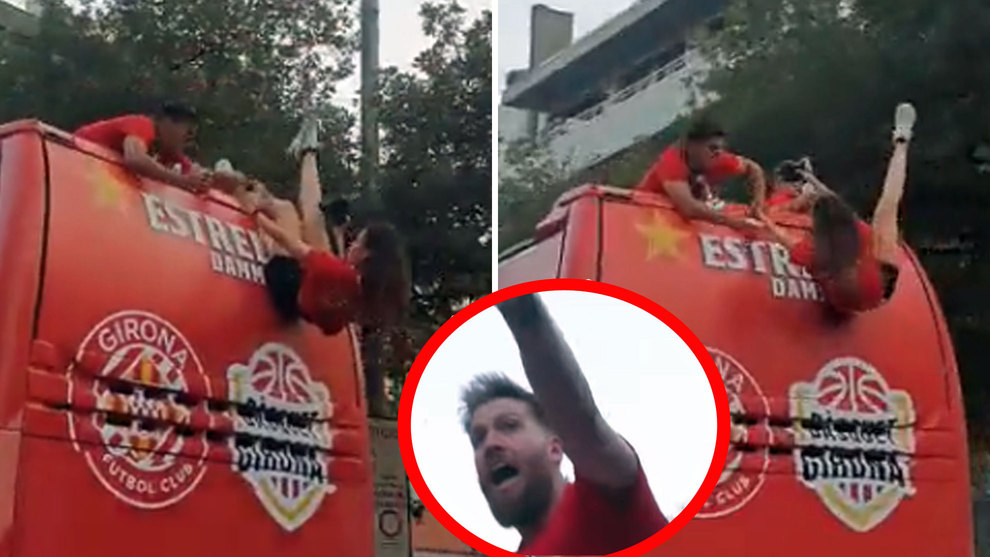 Tremendo susto de la fotgrafa en la 'ra' del Girona: los jugadores la salvaron de caerse del bus!