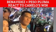 David Benavidez looks disgusted while Peso Pluma celebrates Canelo Alvarez win