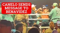 Canelo Alvarez appears to challenge David Benavidez in the ring after Munguia victory