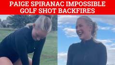 Paige Spiranac bends over to hit the impossible golf shot