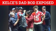 Patrick Mahomes and Travis Kelce struggle to put on their Chiefs jerseys at an event