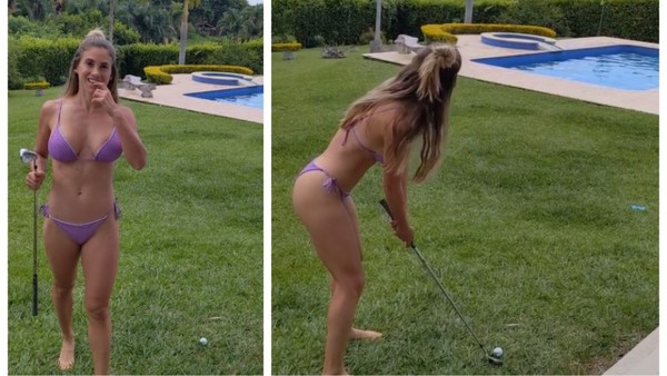 Belen Mozo plays golf in a bikini and challenges her tennis star boyfriend