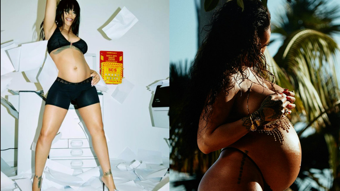 Pregnant Rihanna poses in black lingerie to celebrate brand's