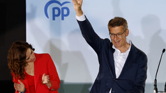 Feijóo celebra en Génova el triunfo electoral del PP en las elecciones autonómicas y municipales